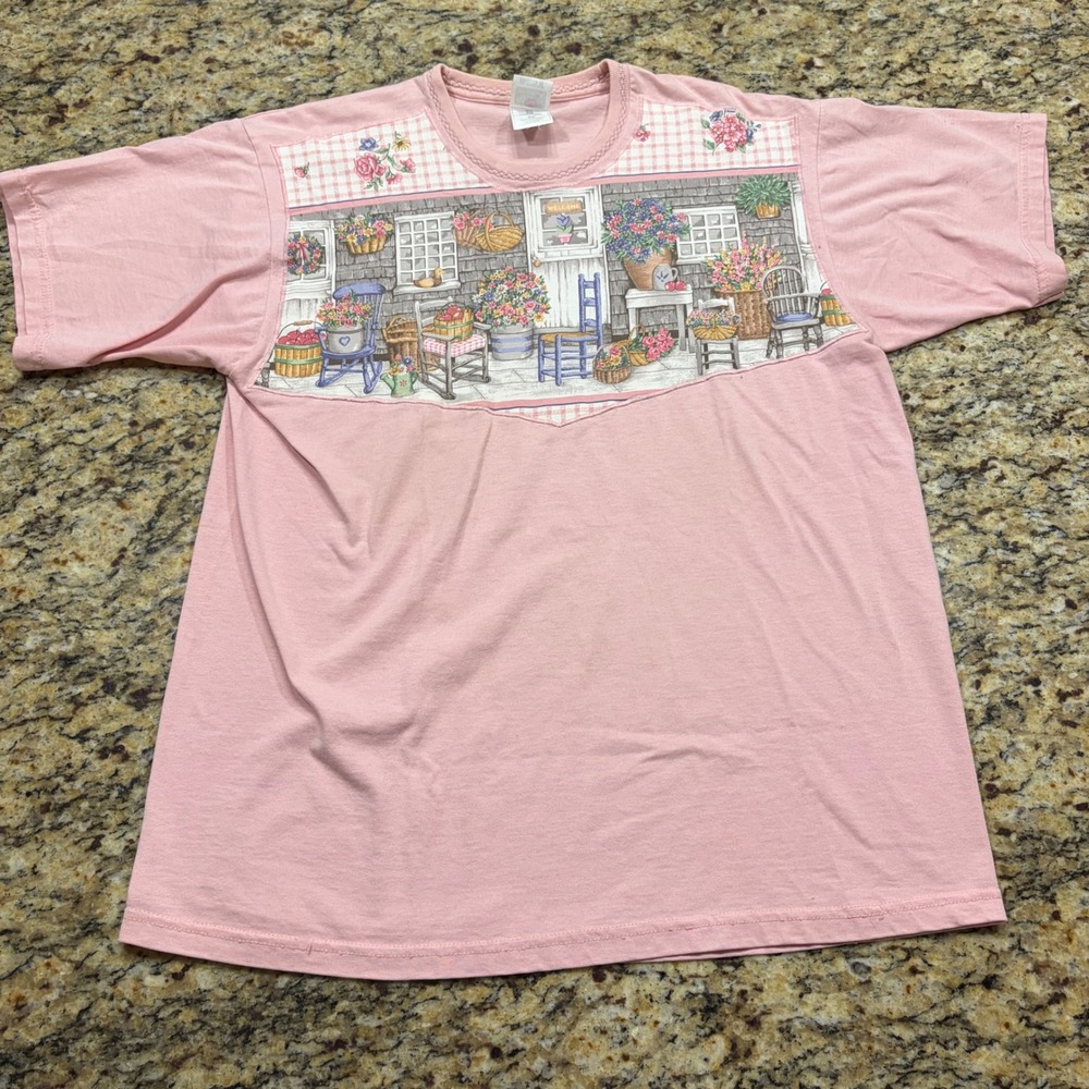 Fruit of the Loom Best Pink Cottagecore Garden Graphic T-Shirt Women Large v
